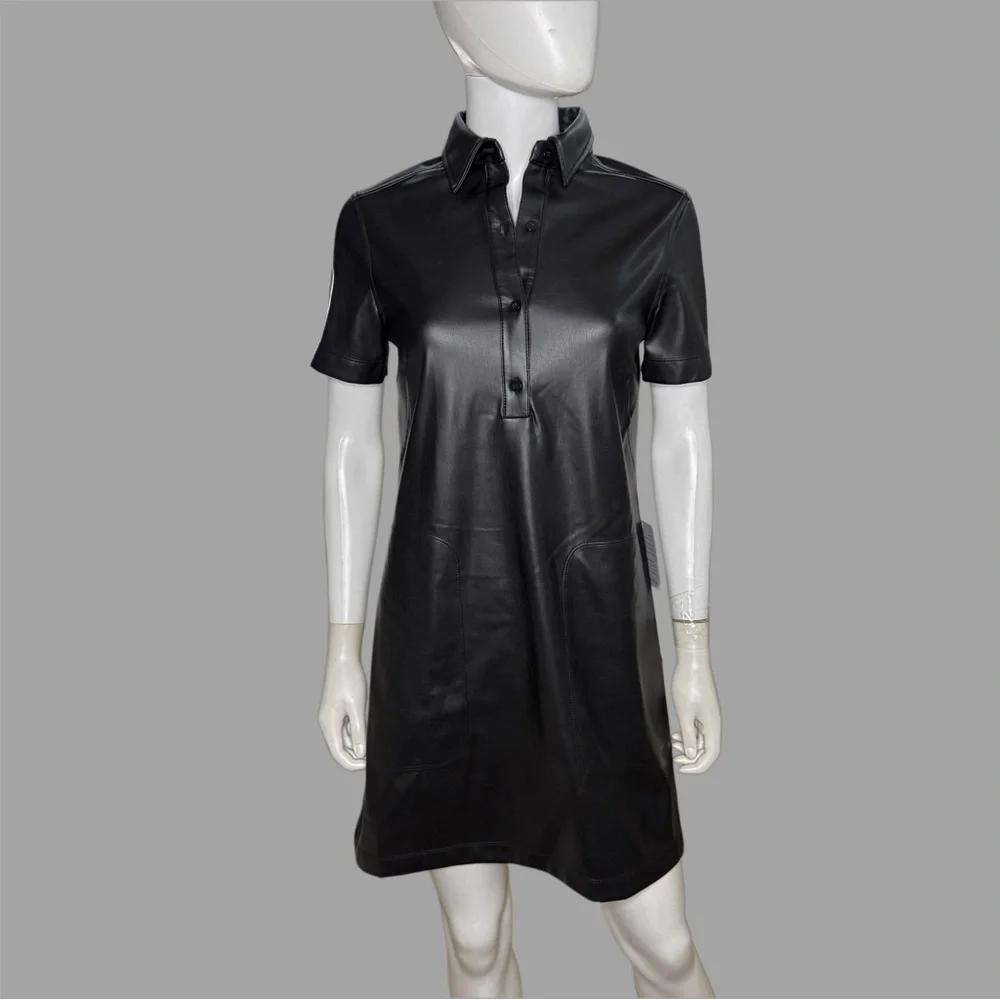 Max Studio Black Faux Leather‎ Short Sleeve Shirtdress With Pockets